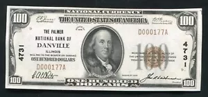 1929 $100 THE PALMER NB OF DANVILLE, IL NATIONAL CURRENCY CH. #4731 UNCIRCULATED - Picture 1 of 2