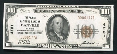 1929 $100 THE PALMER NB OF DANVILLE, IL NATIONAL CURRENCY CH. #4731 UNCIRCULATED - Image 1 of 2