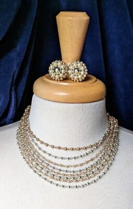 Vintage NECKLACE  Clip EARRINGS Jewelry SET Multi Strand Faux Pearl - Picture 1 of 9