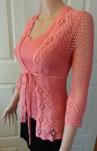 VTG 90s Victoria's Secret💗Peach Lace Trim Tank & Crochet Cardigan Set💗Sz XS/S - Picture 1 of 10