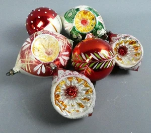 Vintage 1950s Concave Glass Christmas Tree Baubles x6 Ornaments with Box - Picture 1 of 6