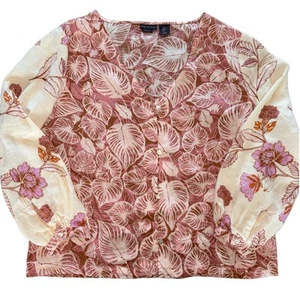 Tahari 100% Linen Size Medium Floral Top Ivory & Pink Button Up Cottage Boho - Picture 1 of 7