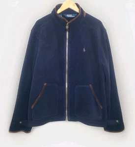 Polo Ralph Lauren Blue Fleece Full Zip Jacket with Brown Suede Leather Trim 2XL - Picture 1 of 5