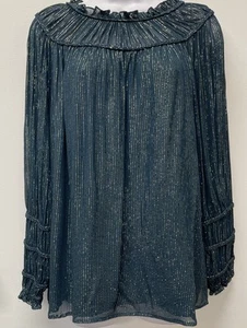 NWT Gorgeous Ranna Gill Green with Silver Gold Threads Dressy Long Sleeve Blouse - Picture 1 of 7