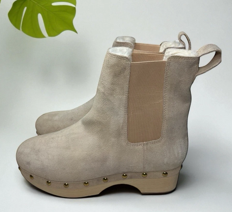 J. Crew Bronzed Clay Suede Chelsea Clog Boots DB336 Faux Fur Lined Size 8.5 - Image 1 of 4