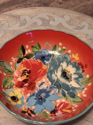 Tigela de macarrão Pioneer Woman Melody grés 7,5 pol vermelho floral - Imagem 1 de 4