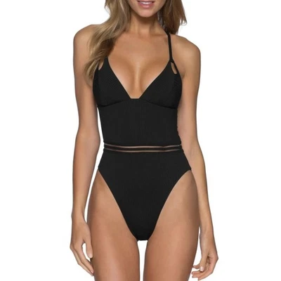 Isabella Rose Women Black Ribbed Queensland High-Leg One Piece Swimsuit Size L - Image 1 of 4