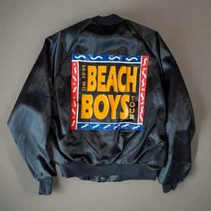 Vintage Beach Boys Tour Bomber Jacket Large Black Satin 90s Made in USA Party - Picture 1 of 10
