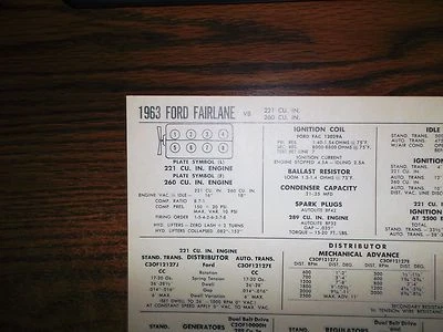 Ford Fairlane Series 1963 modelos 221-260 CI V8 sol tabla de afinación ¡Gran forma! Foto 1 de 4
