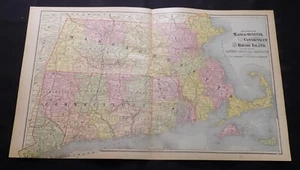1890 Map MASSACHUSETTS, CONNECTICUT, RHODE ISLAND, b/w BOSTON, b/w NH & VT - Picture 1 of 3