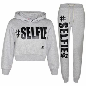 Kids Girls Jogging Suit Designer #Selfie Tracksuit Hooded Crop Top & Bottom 5-13 - Picture 1 of 9
