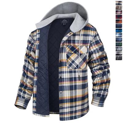 Men's Flannel Plaid Shirt Jacket Fully Quilted Padded Hoodie Winter Casual Coat - Image 1 of 4