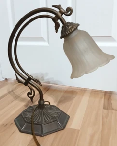 Bridge Arm Brass Tone Table Lamp Frosted Glass Shade - Picture 1 of 10