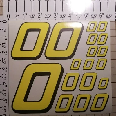Yellow FLOURESCENT #0's Racing Numbers vinyl Decal Sheet 1/8-1/10-1/12 RC Model - Image 1 of 4