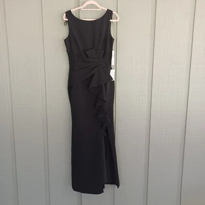 Eliza J Sheath Gown Size 8  Black Ruffle Front Pleat Waist Front Slit Boat Neck - Image 1 of 4