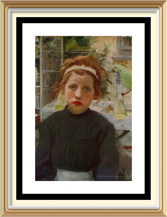 Antiguo arte litográfico c1929 impresión HARRINGTON MANN JAULAS DE PÁJAROS niña retrato loro Foto 1 de 1