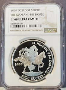 1999 ECUADOR SILVER 5000 SUCRES MAN AND HIS HORSE NGC PF 69 ULTRA CAMEO RARE - Picture 1 of 3