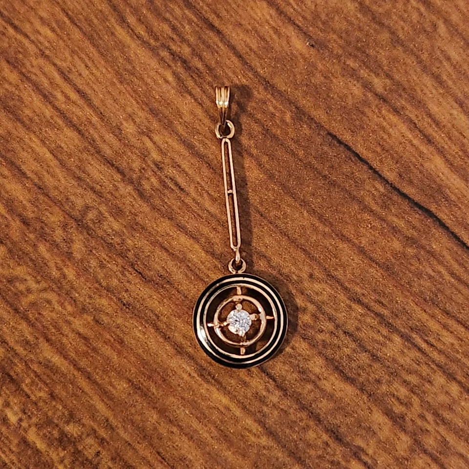 Vintage 10k Yellow Gold with Black Enamel and Diamond Lavalier Pendant - Image 1 of 4