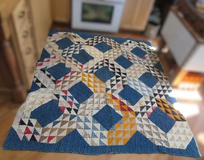 Early 1900's Antique Triangle Patch Quilt 85" X 75" Hand Quilted - cutter - Image 1 of 4
