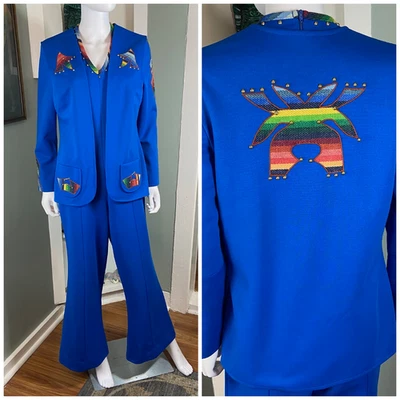 Vintage 60s 70s Right On! by Estivo Polyester Bell Bottom Jumpsuit Vest Set Blue - Image 1 of 4