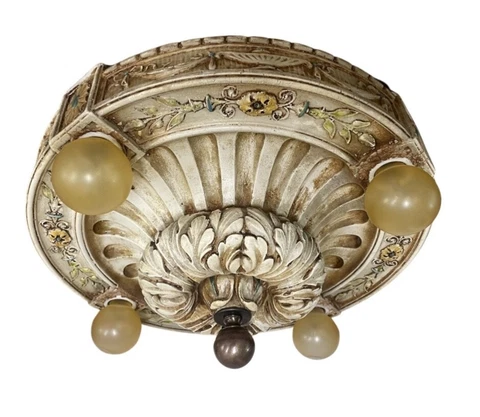 Antique c1920 Cast Plaster Flush Mount Theater Light Bare Bulb Ceiling Light Cover