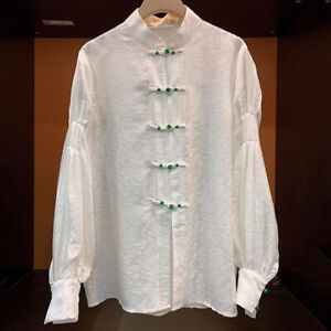 Women's s Tang Suit Faux Silk Mandarin Collar Puff Sleeve Jacquard Shirts Top
