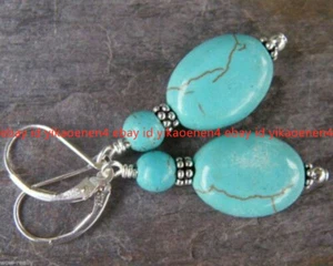 Fashion 13x18mm Blue Turquise & 6mm Turquise Beads Silver Leverback Earrings - Picture 1 of 12