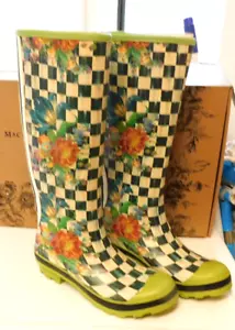 MACKENZIE-CHILDS COURTLY CHECK WITH FLOWER MARKET RAIN BOOTS,SIZE 9,BNIB - Picture 1 of 3