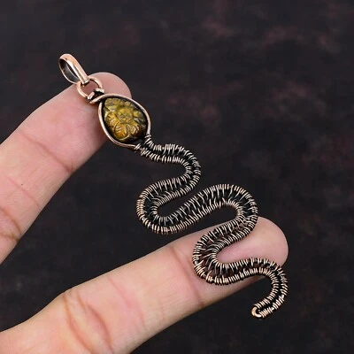 Regalo Para Ella Tallado Ojo de Tigre Alambre Envuelto Serpiente Colgante Cobre Joyería 3.54" Foto 1 de 4