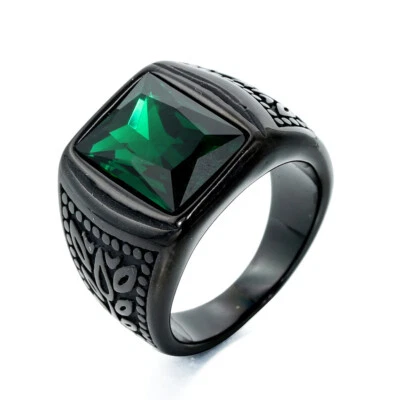 Hombres Mujeres Cuadrado Piedra Simulada Sello Anillo Acero Inoxidable Esmeralda Cóctel Foto 1 de 4