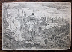 Figuras c1700 Jans Frans van Bloemen fuera de un monasterio genuino antiguo Italia - Imagen 1 de 10