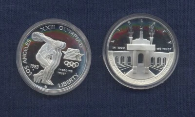Set of 2 US SILVER DOLLAR COMMEMORATIVE COINS In Case w/Papers, 1984 LA Olympiad - Image 1 of 4