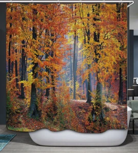 Autumn Forest Sunlight Fabric SHOWER CURTAIN Fall Foliage Trees w/Hooks - Picture 1 of 1