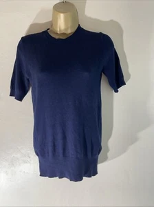 Womens Zara Eu Small Navy Blue Thin Knit Short Sleeve Stretch Pullover Jumper - Picture 1 of 6