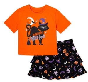 Girls Halloween Short Sleeve Cat Magical T-Shirt and Tiered Skirt Outfit Set 18 - Picture 1 of 3