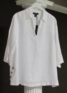 TAHARI White 100% Linen Collared 3/4 Sleeve Side Buttons Top Shirt Size 2X NWT - Picture 1 of 3