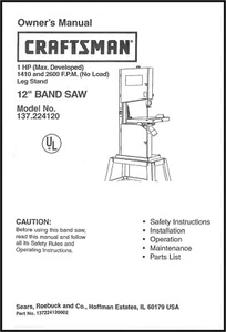 Operator Manual Fits Craftsman 12 inch Band Saw Sander 137.224120 - Picture 1 of 10