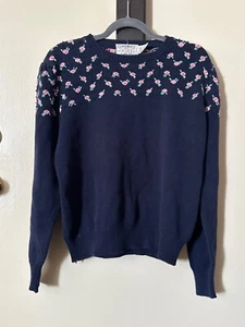 Vtg Size 38 Susan Bristol Components Sweater Hand Embroidered Navy Pink Flowers - Picture 1 of 6