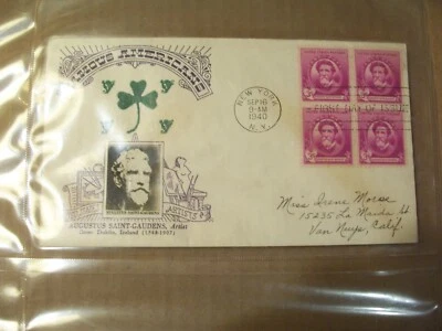 Famous Americans First Day Cover AUGUSTUS SAINT-GAUDENS FDC 1940 4 STAMP BLOCK - Image 1 of 2