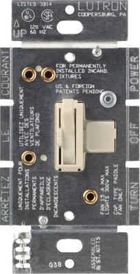 Control de ventilador Lutron Toggler silencioso de 3 velocidades deslizable para apagar, 1,5 amperios, almendra ligera  Foto 1 de 2