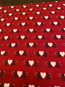 White Hearts & Flowers,Green Leaf Stems, on Red  2yd x 42 Vintage Cotton Fabric - Picture 1 of 4