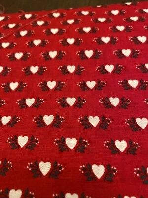 White Hearts & Flowers,Green Leaf Stems, on Red  2yd x 42 Vintage Cotton Fabric - Image 1 of 4