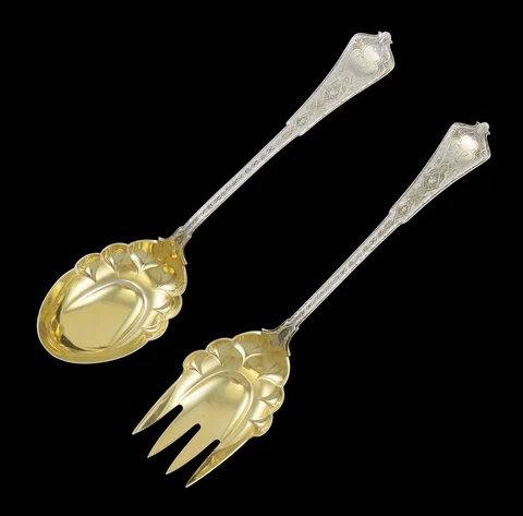 Antique Gilded Sterling Silver Tiffany Persian 1872 Salad Fork Spoon Servers Cover