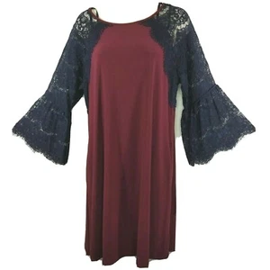 Nina Leonard Shift Dress Women Size M Wine Red Blue Lace Bell Sleeves Pocket NEW - Picture 1 of 10