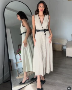 ZARA 2025 NUEVO CON ETIQUETAS. VESTIDO MIDI BEIGE NEGRO MEZCLA LINO CINTURÓN CUELLO EN V. 3655/939/052 - Imagen 1 de 12