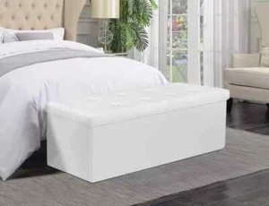 Faux Leather Folding Storage Ottoman Bench 43" White Modern Seat Toy Box Footres - Picture 1 of 14