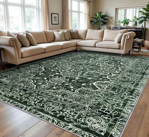 Dark Green Area Rug 9x12 Living Room, Washable Large Rugs for Bedroom 9ft x 1... - Picture 1 of 8