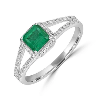 Anillo de vástago dividido de esmeralda de oro blanco de 18 quilates con dise... - Imagen 1 de 4