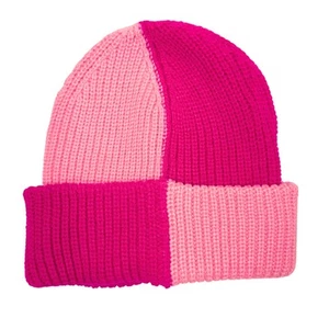 Aqua Bloomingdale's Color Block Acrylic Knit Foldover Check Beanie Pink Hat Cap - Picture 1 of 5