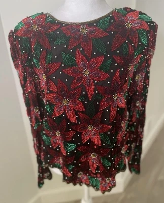 Женский шелковый топ Lawrence Kazar с бисером и блестками размер XXL черный красный пуансеттия винтажный - Изображение 1 из 4